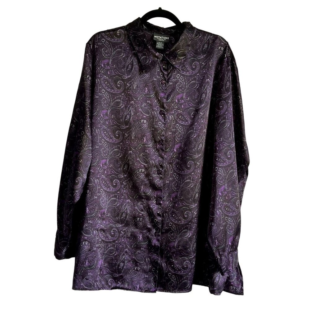 Notations Womans Paisley Button-Up Shirt 2X Satiny Plus Size Blouse Purple